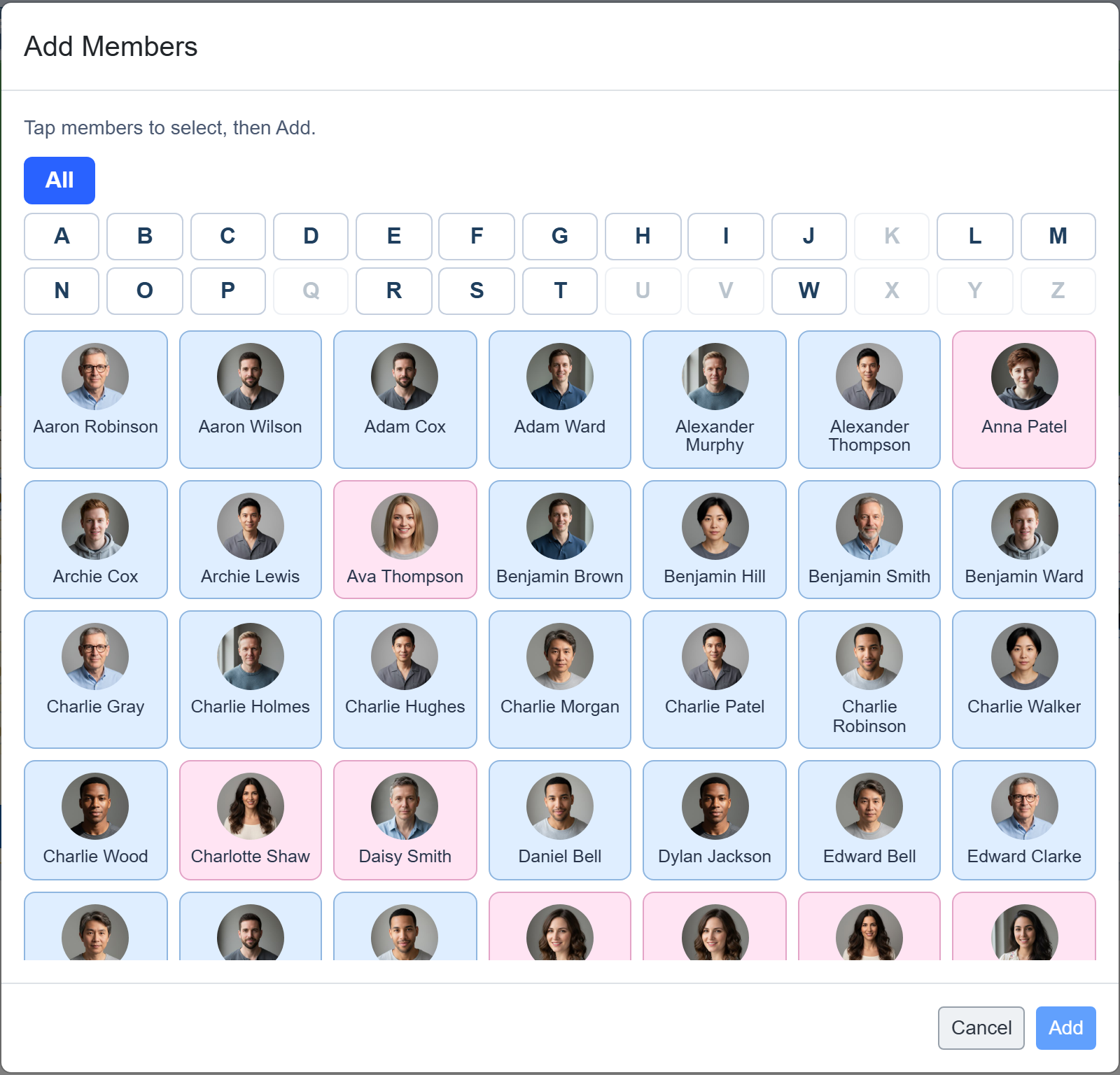 Player sign-in with a photo gallery of members
