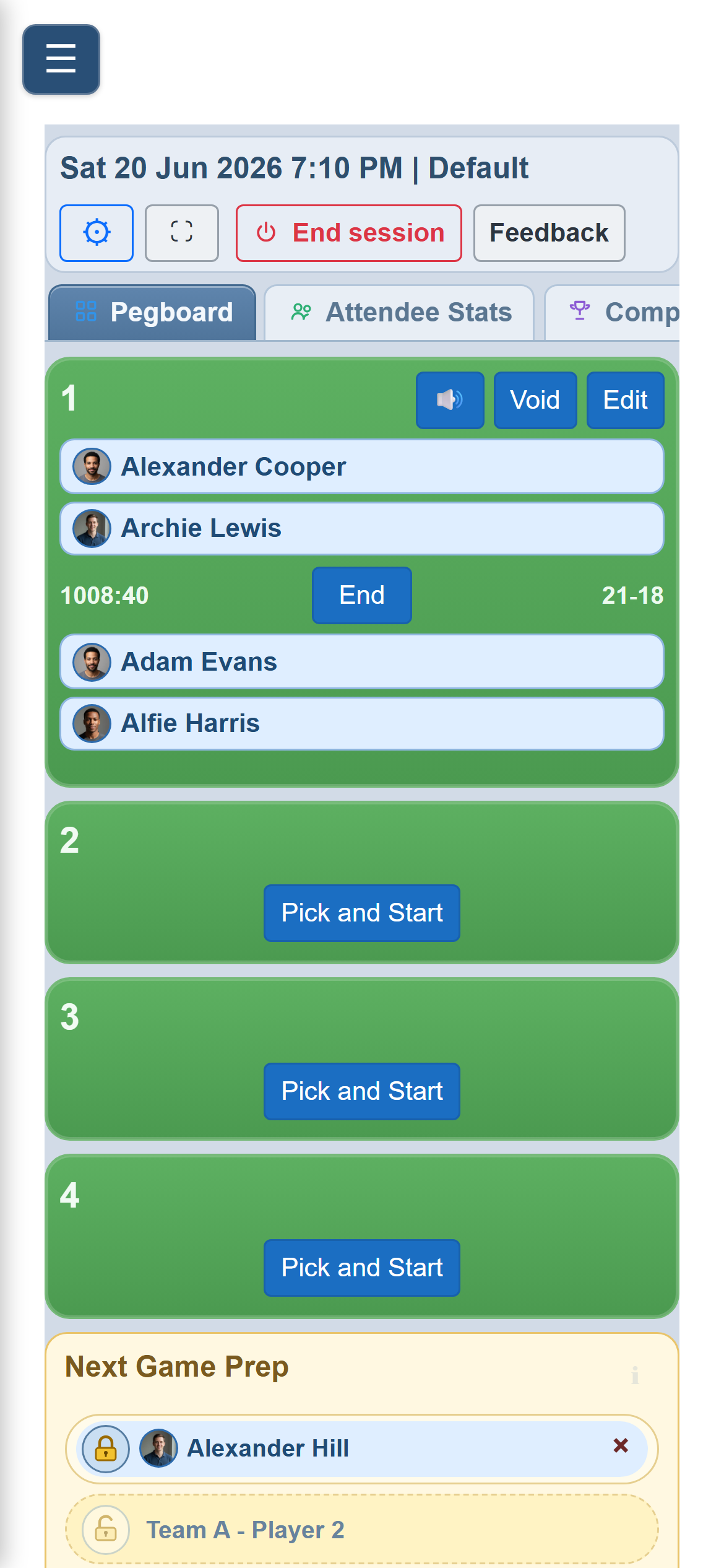 A live club-night session running on a phone - courts, players and scores